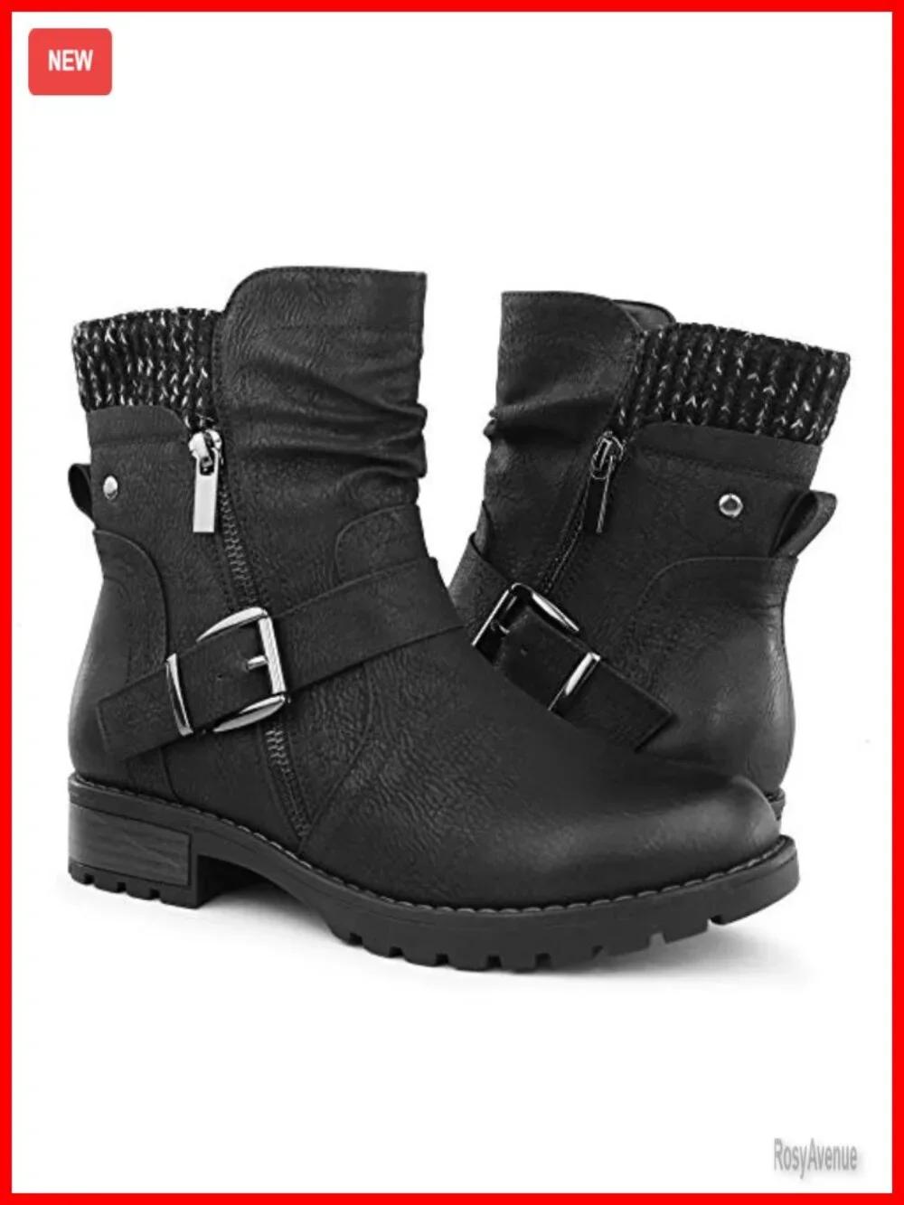 Faux Leather Combat Boots with Side Zipper and Buckle Ankle Booties